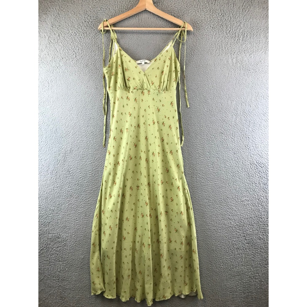 New Simple Retro Green Floral Tie Strap Midi Dress Summer Casual Sundress